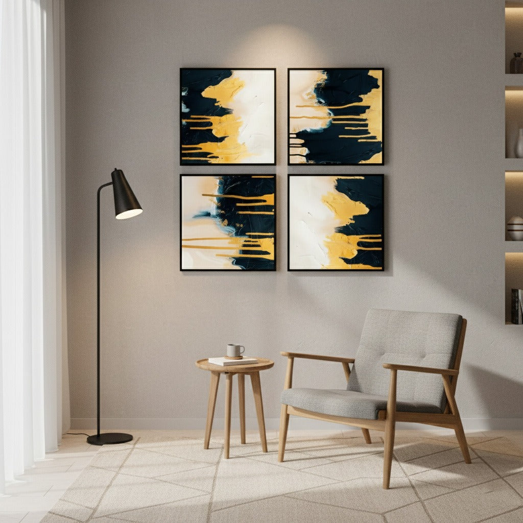 Black and Gold Abstract Textured (4 Panel) Wall Art