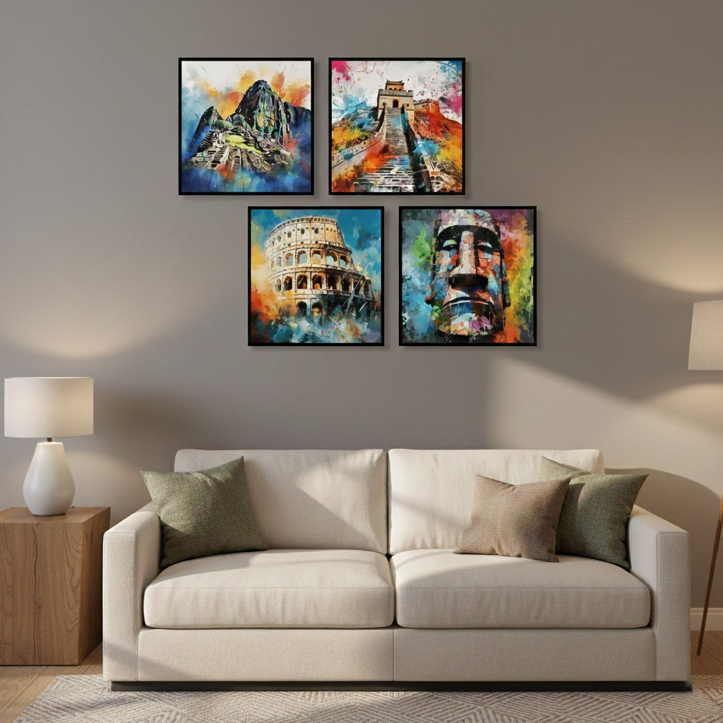 Famous Architecture Pyramid Great Wall & Coliseum (4Panel) Wall Art