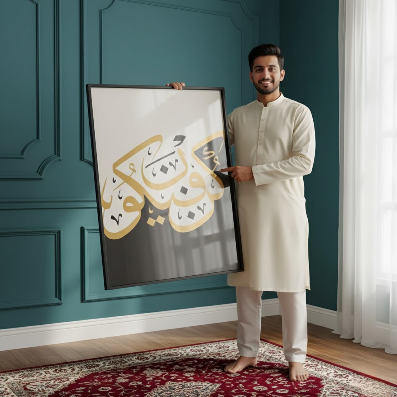 Arabic Calligraphy Wall Art in Black White Gold - Kun Faya Kun