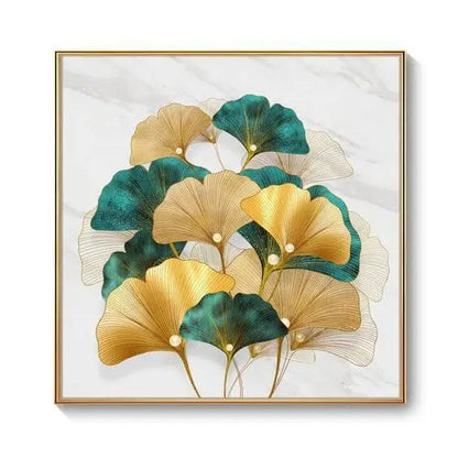 Green Blue Yellow Gold Leaf Plant Flower (5panel) Wall Art