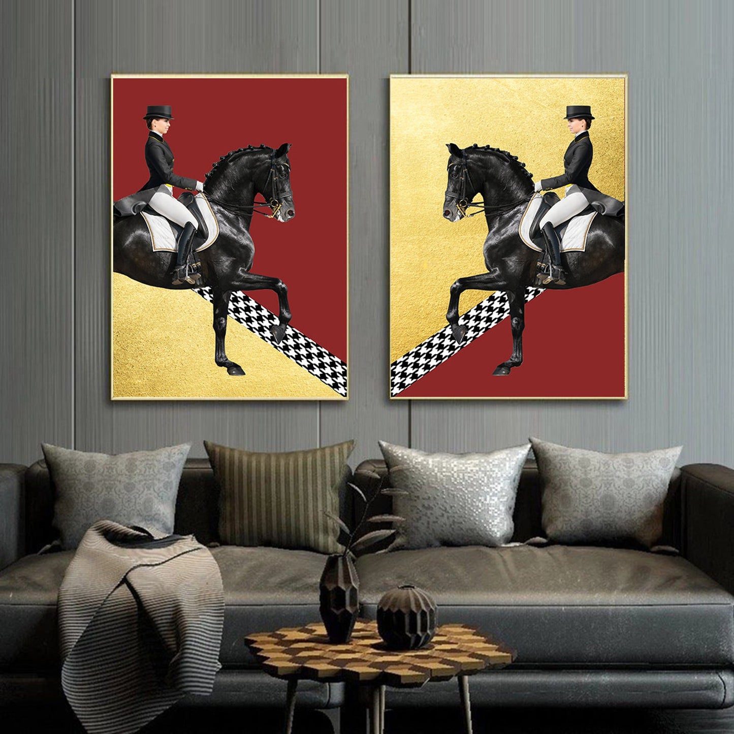 Gold & Red Horse Riding Art Print Set: Modern Abstract Wall Decor