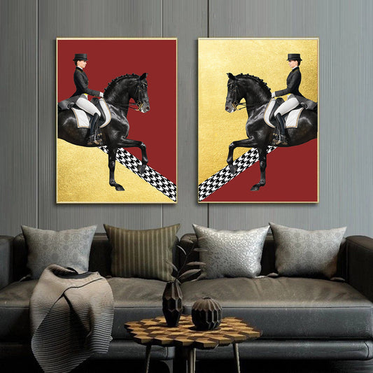 Gold & Red Horse Riding Art Print Set: Modern Abstract Wall Decor