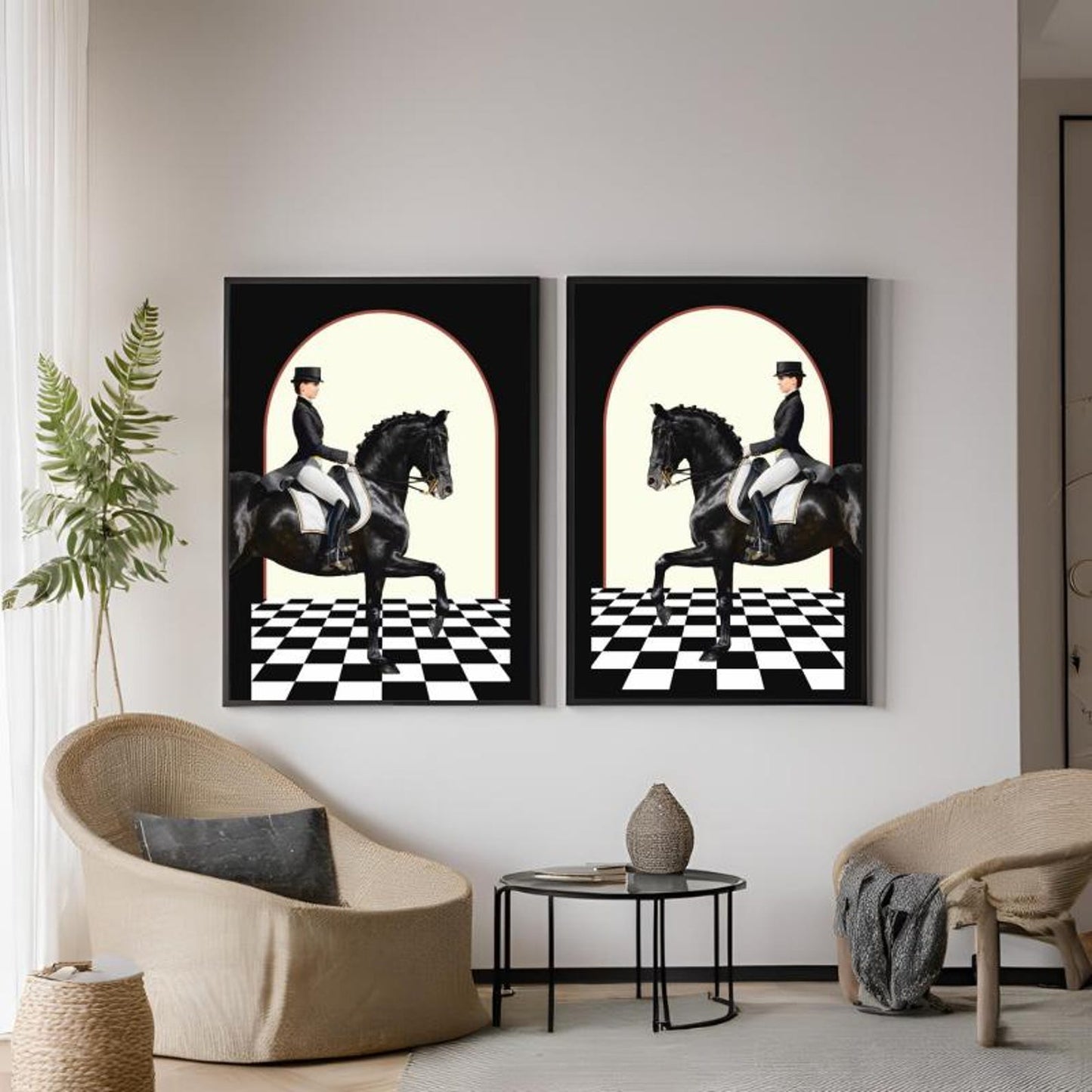 Minimalistic Royal Horses Black and White Abstract Canvas Wall Art Poster Print,Nordic Scandinavian