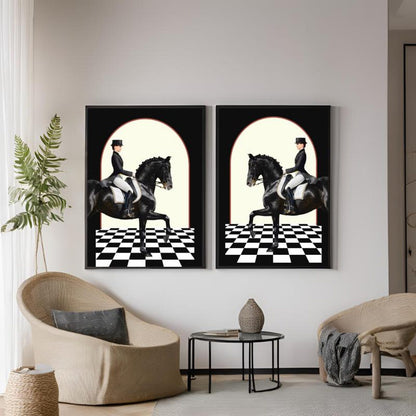 Minimalistic Royal Horses Black and White Abstract Canvas Wall Art Poster Print,Nordic Scandinavian
