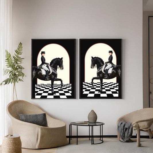 Minimalistic Royal Horses Black and White Abstract Canvas Wall Art Poster Print,Nordic Scandinavian
