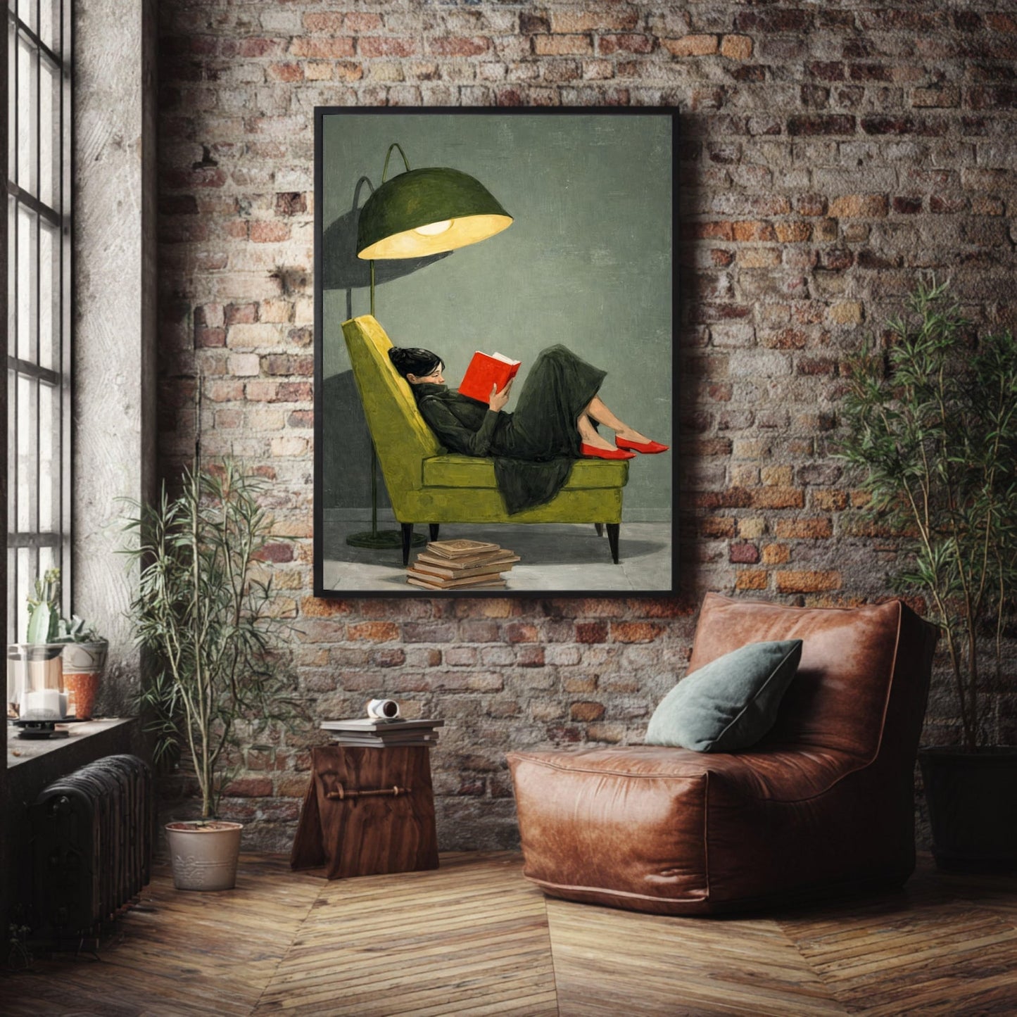 Cozy Reading Moment Canvas, Woman on Green Chair Art
