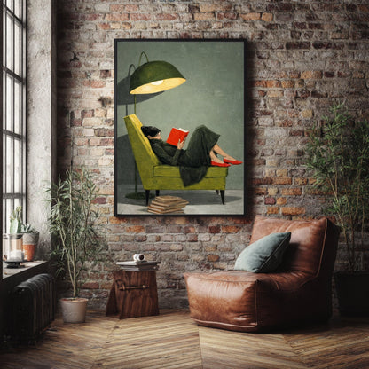 Cozy Reading Moment Canvas, Woman on Green Chair Art