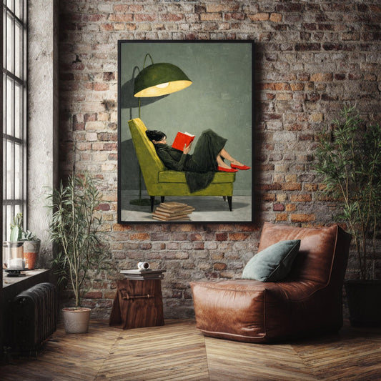 Cozy Reading Moment Canvas, Woman on Green Chair Art