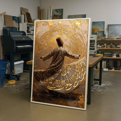 Whirling Dervish Dance Canvas, Golden Arabic Calligraphy Art, Spiritual Sufi Wall Decor