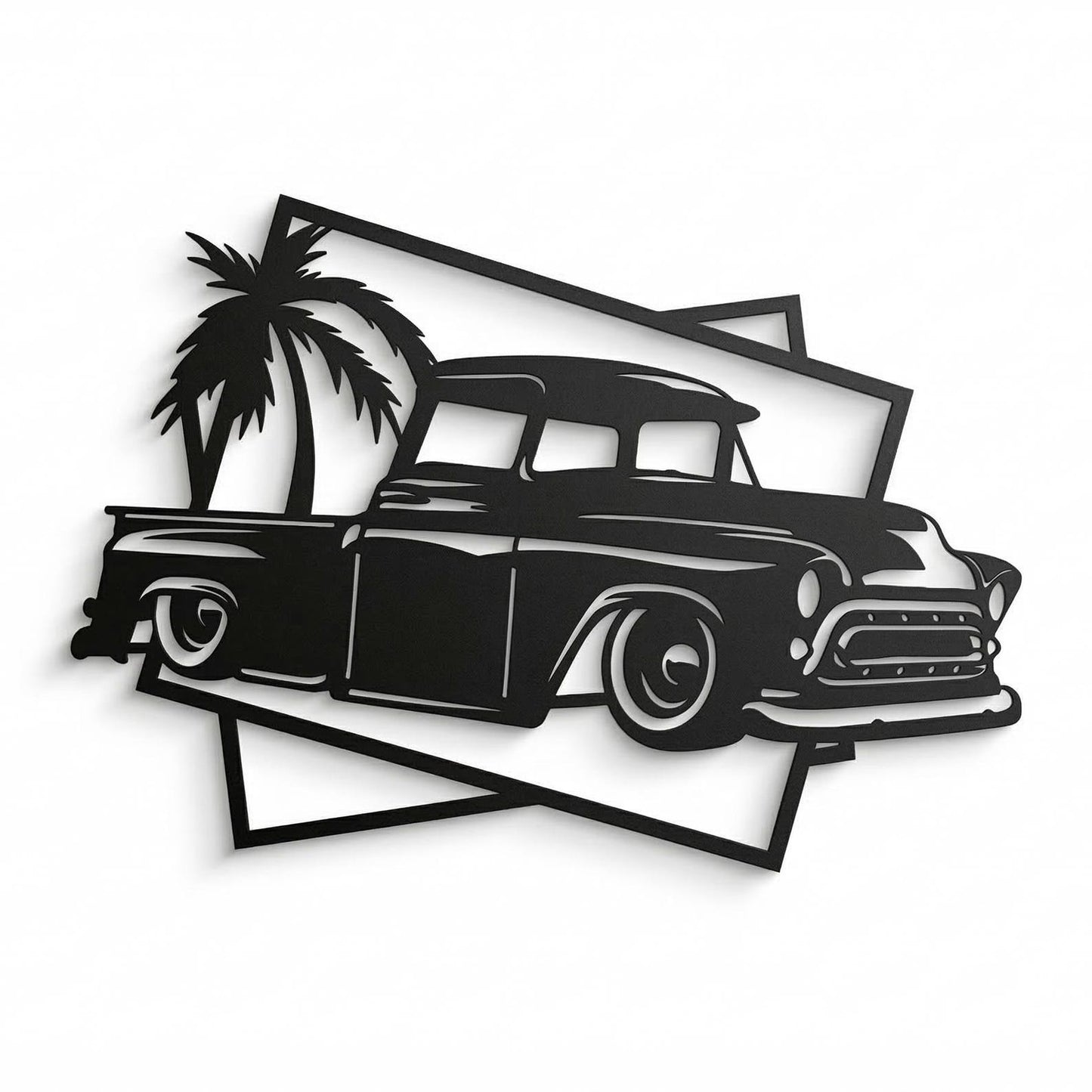 Classic Pickup Truck Metal Wall Art  | Retro Palm Tree Decor.