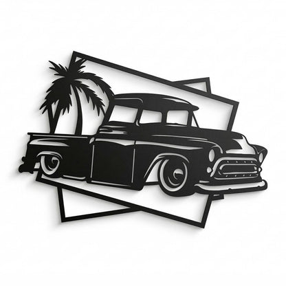 Classic Pickup Truck Metal Wall Art  | Retro Palm Tree Decor.