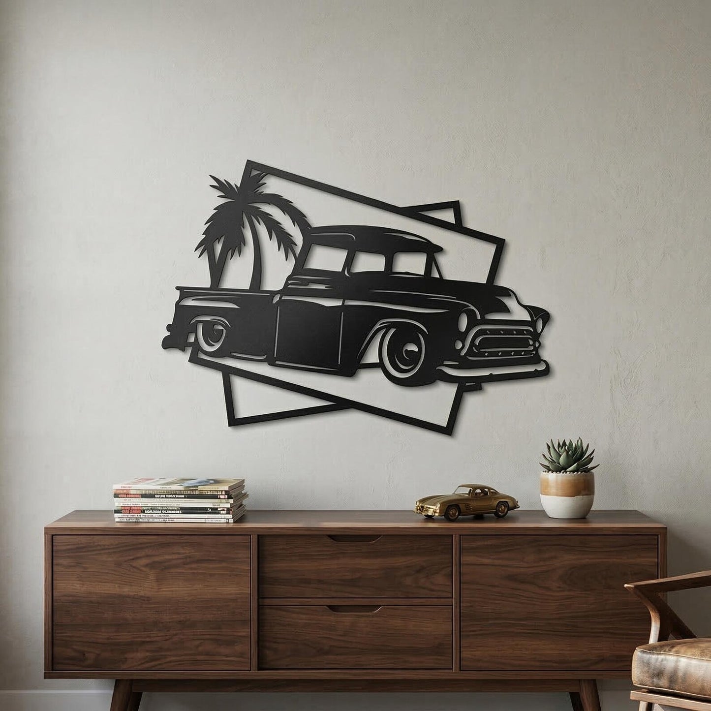 Classic Pickup Truck Metal Wall Art  | Retro Palm Tree Decor.