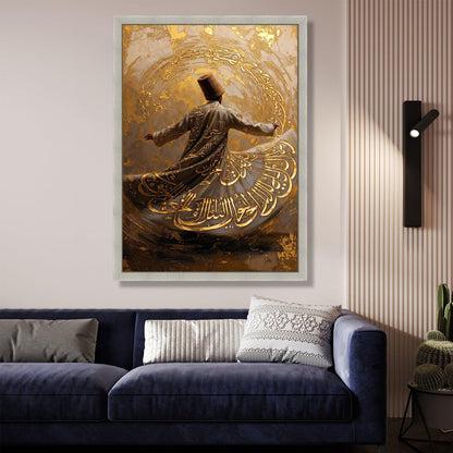 Whirling Dervish Dance Canvas, Golden Arabic Calligraphy Art, Spiritual Sufi Wall Decor