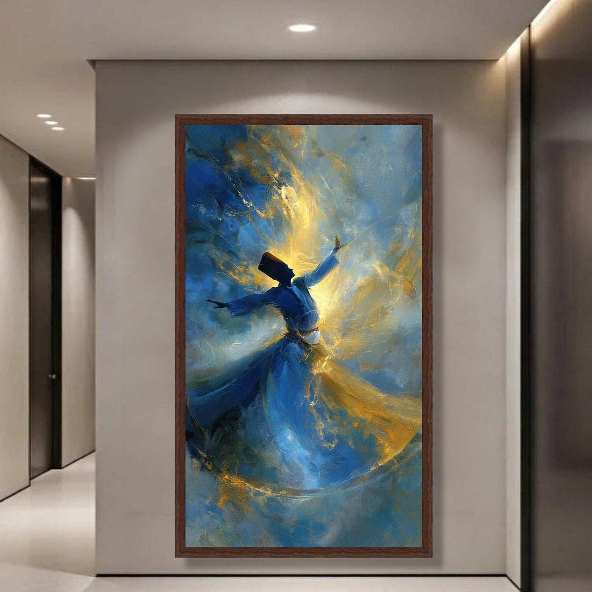 Whirling Dervish Dance Canvas, Blue Gold Abstract Sufi Art, Mystical Wall Décor