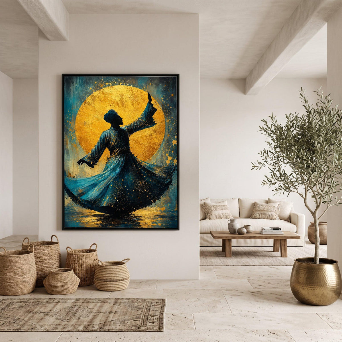 Whirling Dervish Dance Canvas, Mystical Sufi Silhouette Art, Golden Circle Background