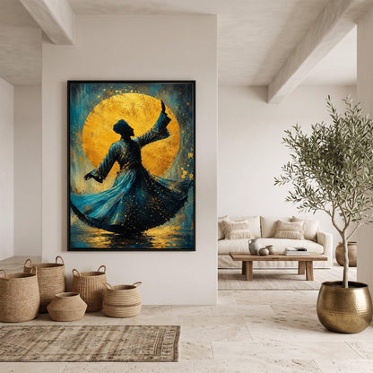 Whirling Dervish Dance Canvas, Mystical Sufi Silhouette Art, Golden Circle Background