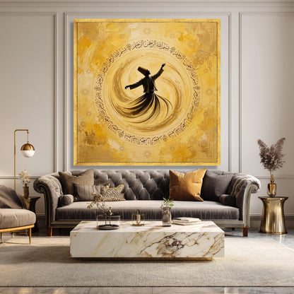Whirling Dervish Yellow Silhouette Canvas, Islamic Calligraphy, Sufi Mystic Art