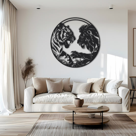 Tiger and Lion Standoff Silhouette, Detailed Modern Metal Wall Art