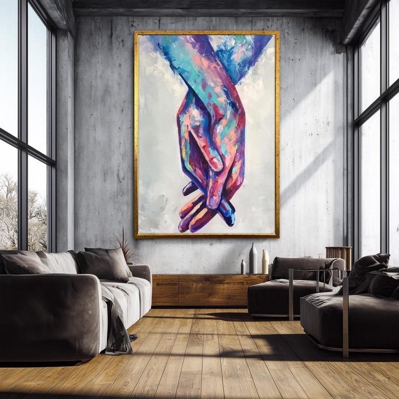 Colorful Holding Hands Canvas Printing, Abstract Love Wall Art